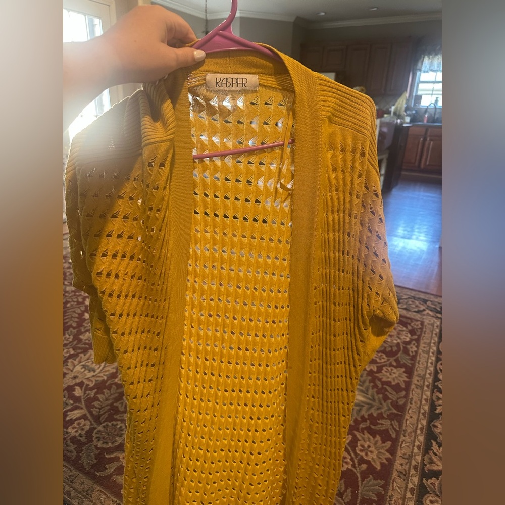 Kasper (Size XL yellow Multi Grid Long Sleeve Open Knit Cardigan